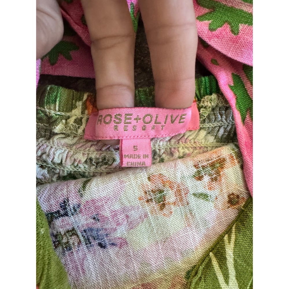 Rose + Olive Resort Floral Crane Print Crop Top Tie Shoulder Smocked Back Small - Picture 5 of 7